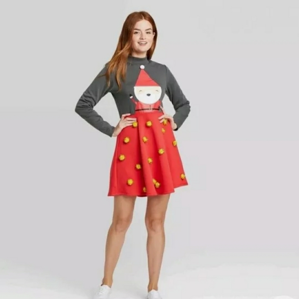 Mighty Fine Women's Size M Long Sleeve Red Santa Claus Pom Pom Dress B207